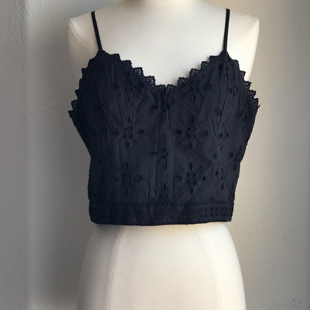 Express Black Floral Embroidery Spaghetti Strap V-Neck Crop Top Smocked sz Large